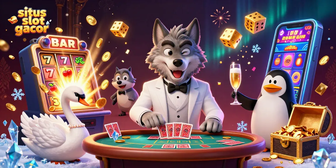 Slot gacor dengan jackpot, dadu berkilau, dan karakter kasino dalam satu ilustrasi