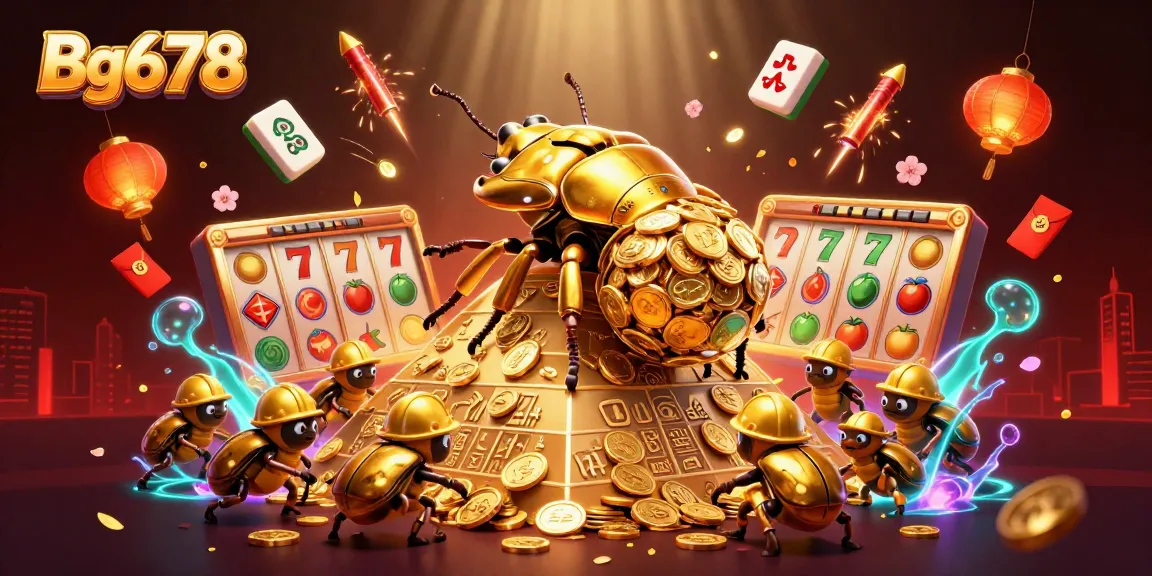 Engage with Bg678's vibrant casino world featuring golden dung beetles, jackpots, and festive elements.
