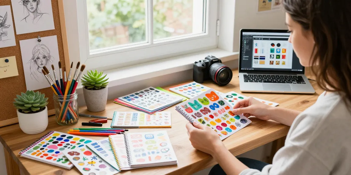 Vibrant reusable sticker book displayed on a cozy artist's desk with art supplies, sunlight streaming.