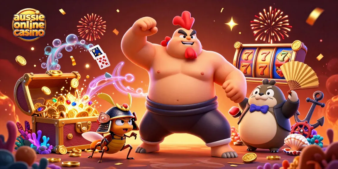 Aussie online casino vibrant illustration featuring a powerful sumo wrestler rooster and a fierce cricket in action.