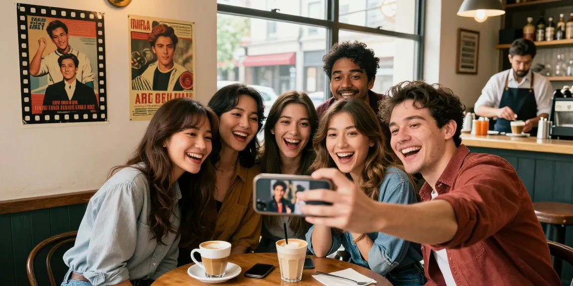 Friends discovering who they look like celebrities in a cafe, enjoying a selfie moment.