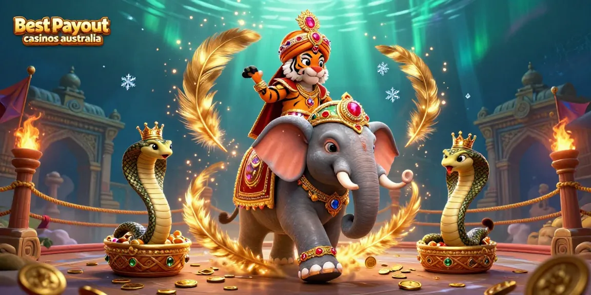 Experience the excitement at best payout casinos Australia with vibrant 3D casino-themed illustration featuring maharaja tiger and elephant.