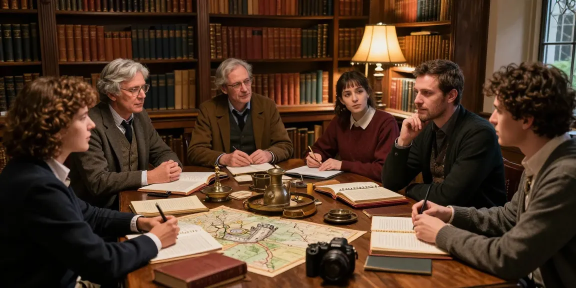 Readers engaging with historical texts and maps from https://tyntescastle.com in a cozy library atmosphere.