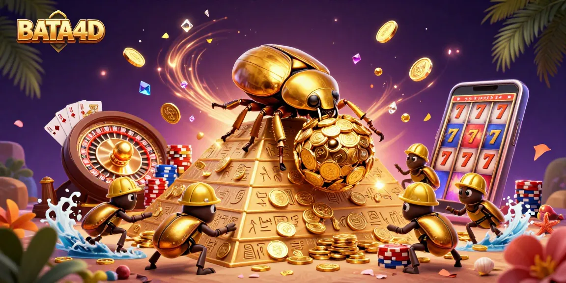 BATA4D showcases vibrant casino action with a golden dung beetle and treasure, emphasizing gaming excitement.