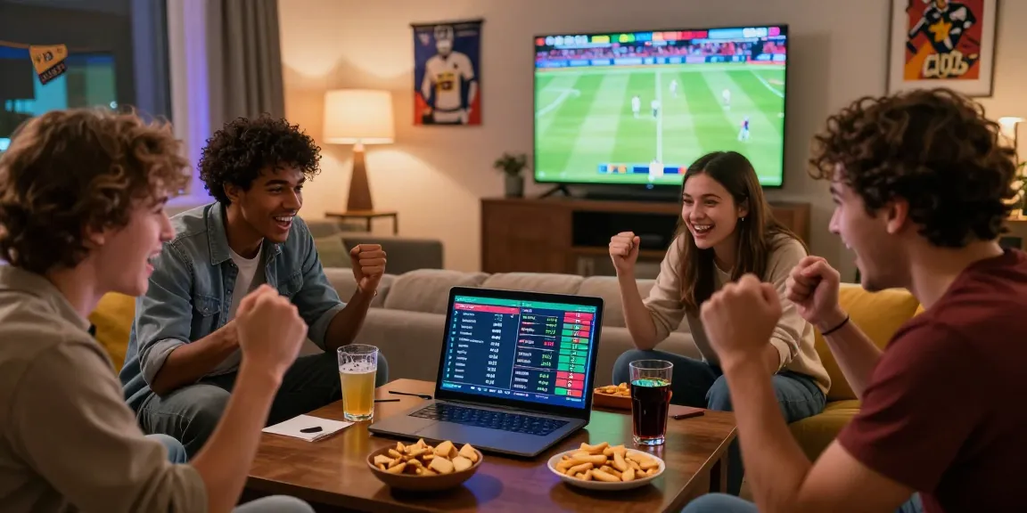Friends enjoying newbet4d online betting experience during a live sports event in a cozy living room.