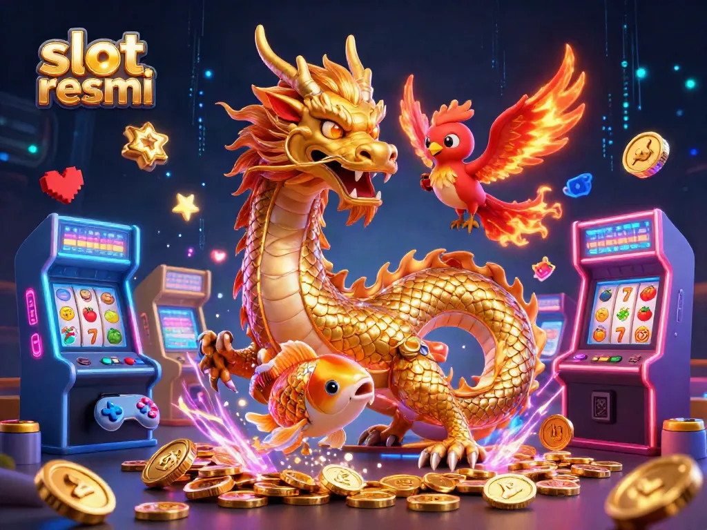 Win big at slot resmi with our vibrant casino illustration depicting dragons, coins, and gaming elements.