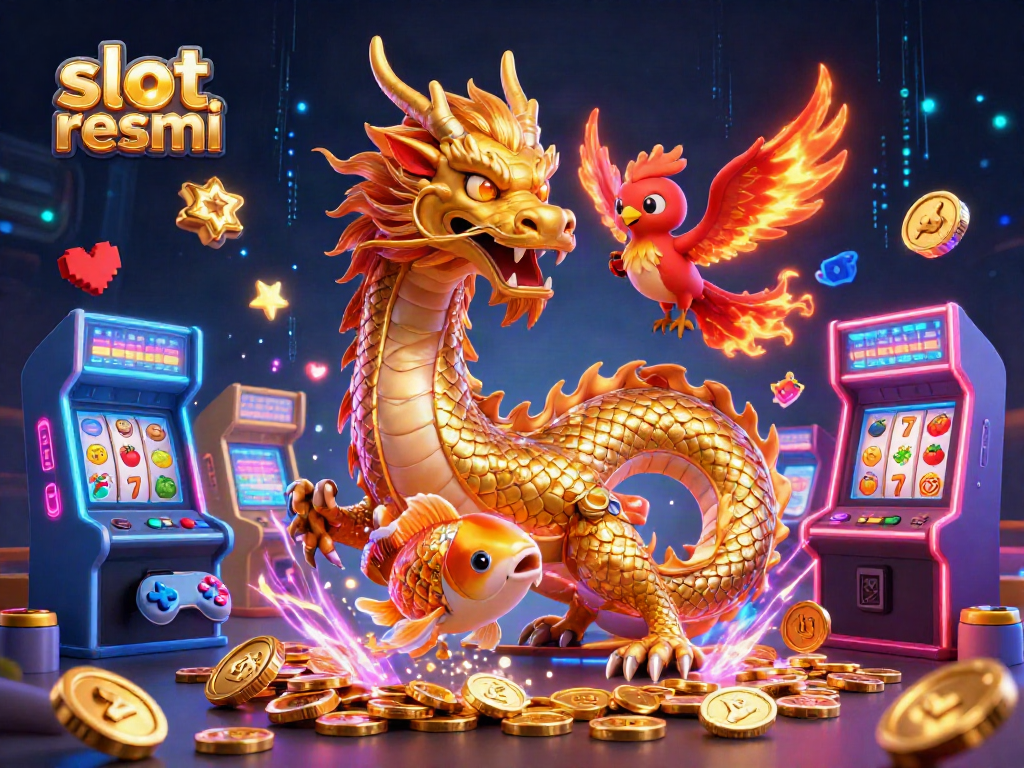 Win big at slot resmi with our vibrant casino illustration depicting dragons, coins, and gaming elements.