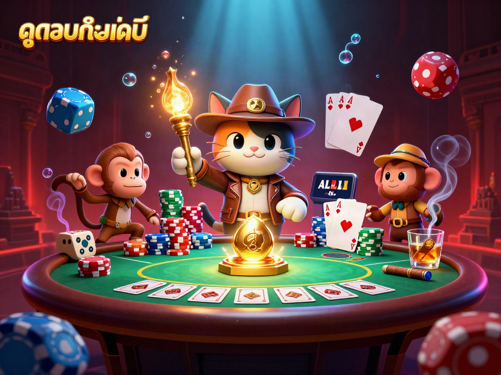 Experience intense ดูบอลออนไลน์ action with a cartoon cat exploring a vibrant casino temple, treasure galore!