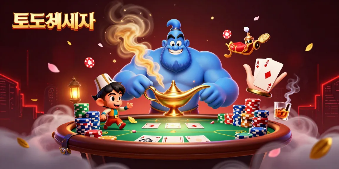 Bet on 토토사이트 as a genie emerges from a lamp, surrounded by poker elements and magic.