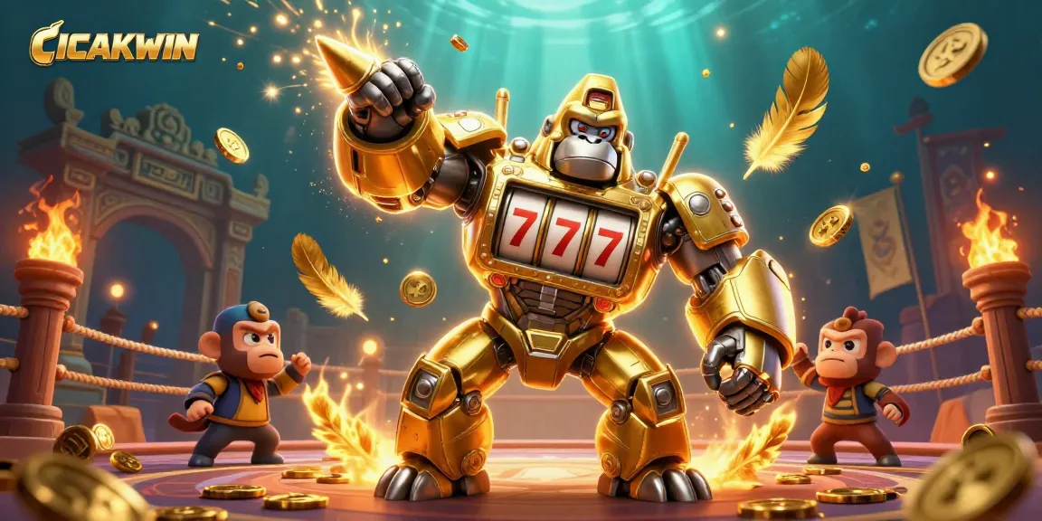 CICAKWIN's golden gorilla mech triumphs in a dynamic casino battle scene with rich gaming elements.