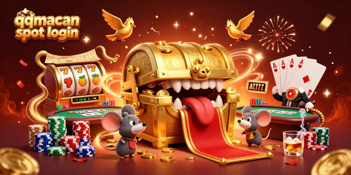 Experience the excitement of qqmacan slot login as treasure chest mimic and fortune elements come alive in a rich casino scene.