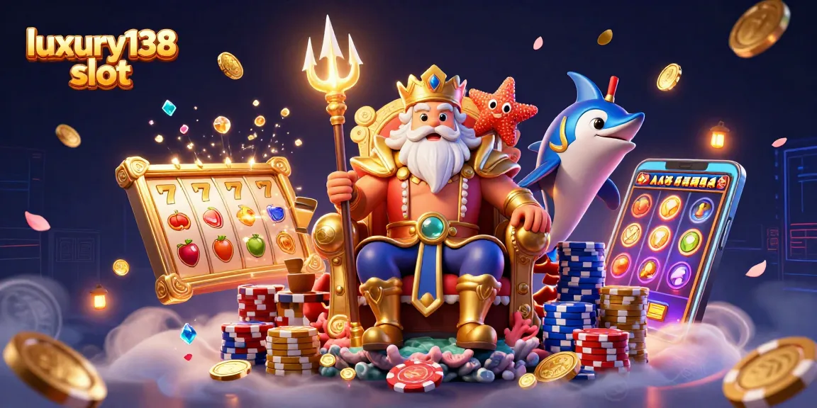 Experience the thrill of luxury138 slot with vibrant slot reels glistening amid a captivating casino scene.