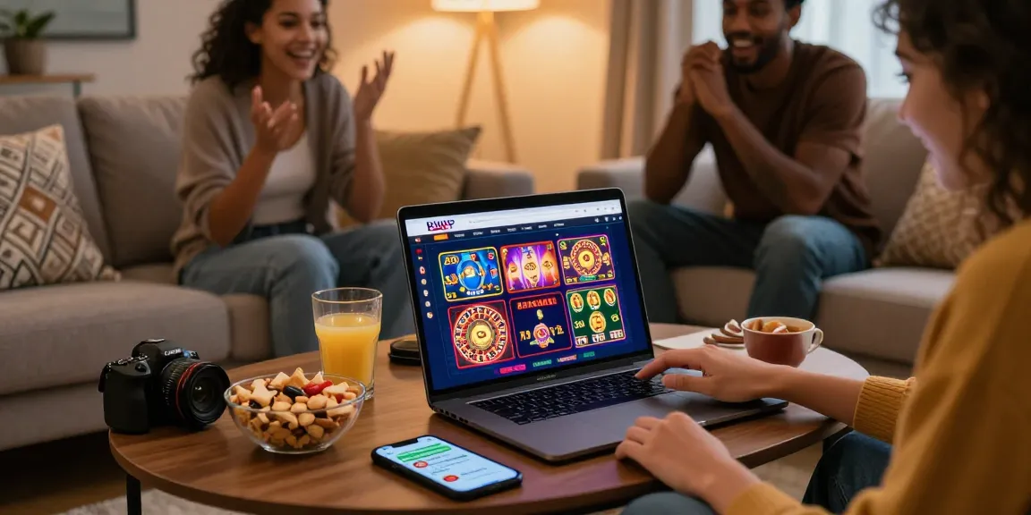 Friends enjoying a cozy night exploring online casinos Australia while engaging with colorful game options on a laptop.