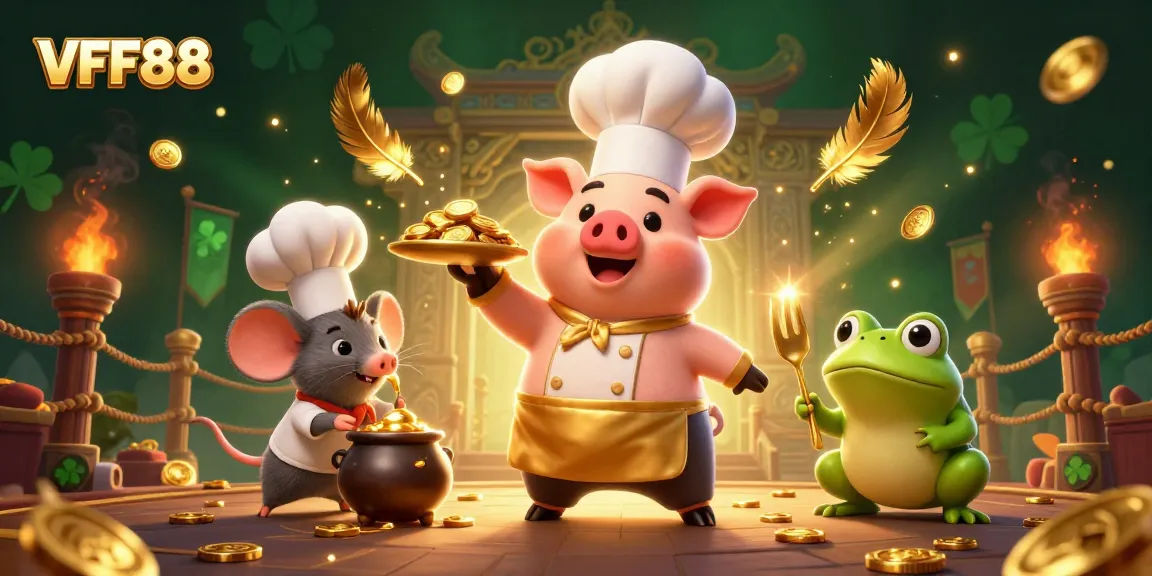 VFF88 engages players in a lively casino scene showcasing unique characters and gold-focused gaming elements.
