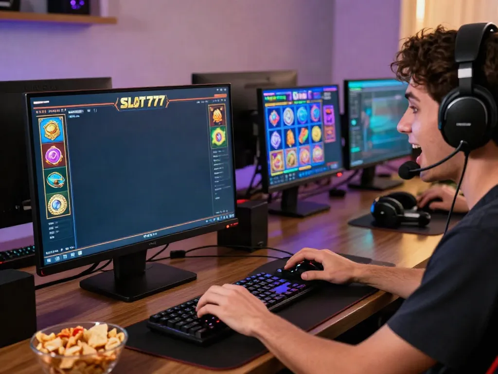 Pemain fokus pada permainan slot777 online dengan suasana gaming yang dinamis.