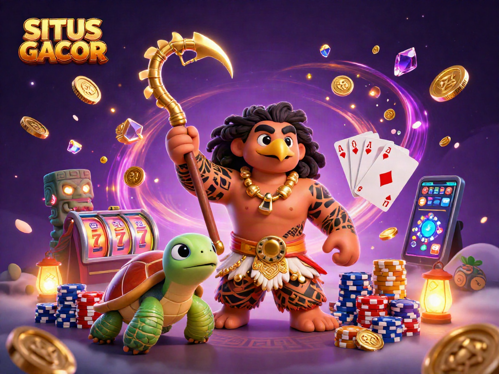SITUS GACOR showcases a vibrant 3D scene with a demigod, turtle, and gaming elements filled with excitement.