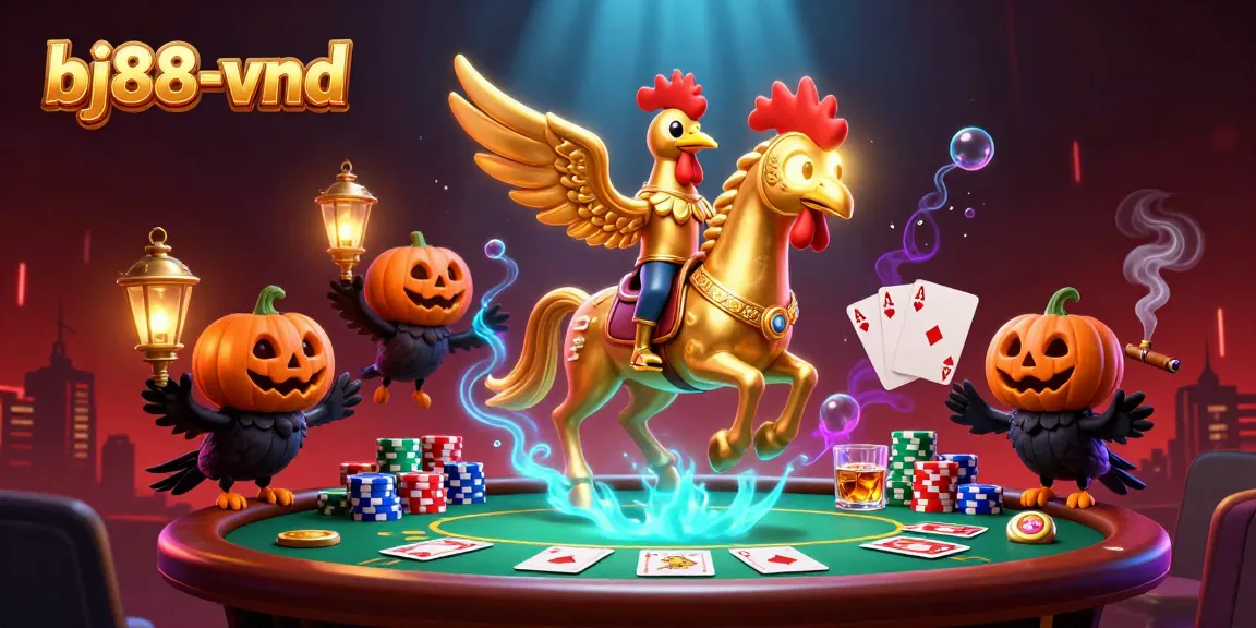 Experience the excitement of bj88-vnd with a golden rooster and ghostly elements in a vibrant casino.