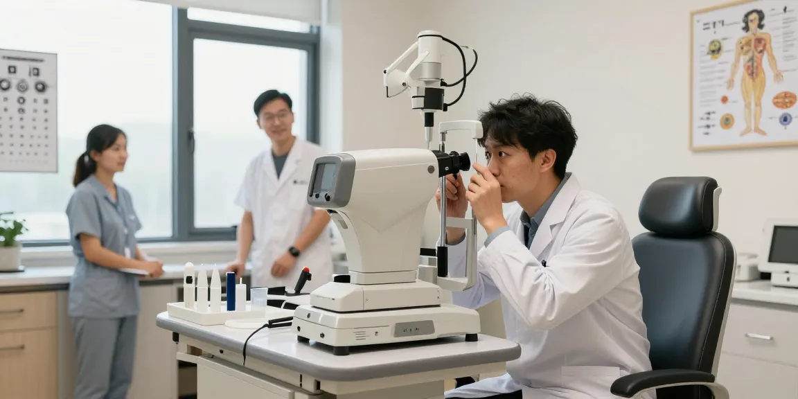 Ophthalmologist performing SMILE laser eye surgery consultation in a modern clinic.