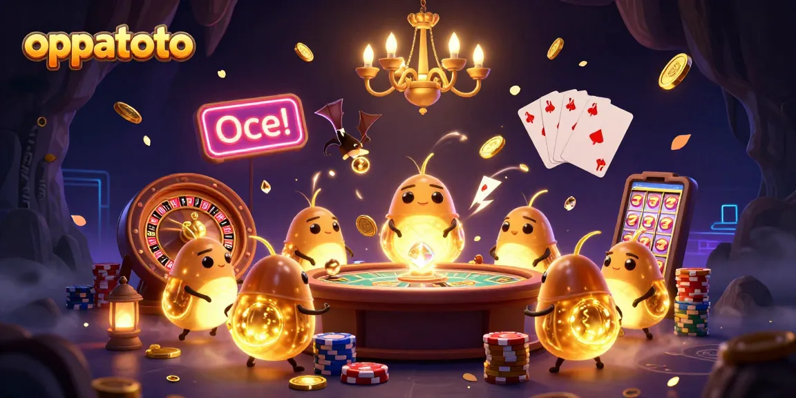 Play and win big with oppatoto in a dazzling casino scene filled with glowing characters and vibrant games.