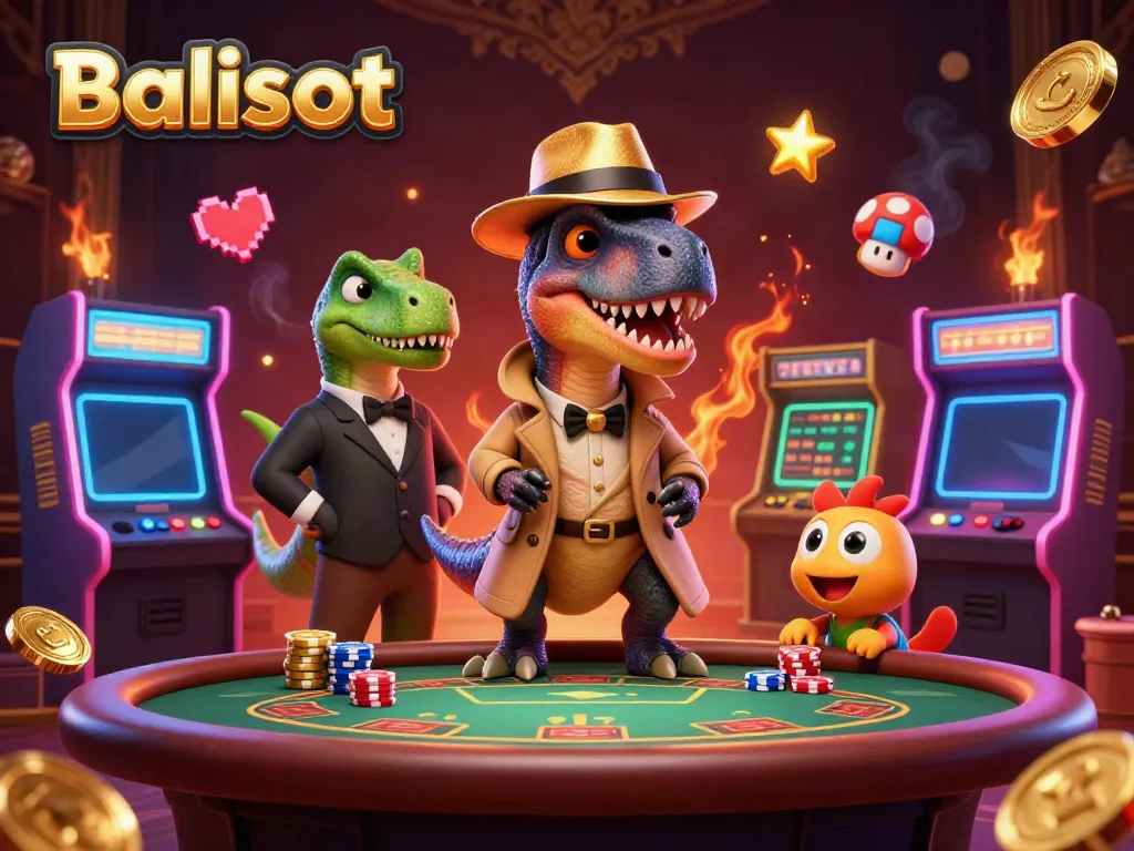 Play exciting games at Balislot with a lively scene featuring cartoon dinosaurs at a casino table.