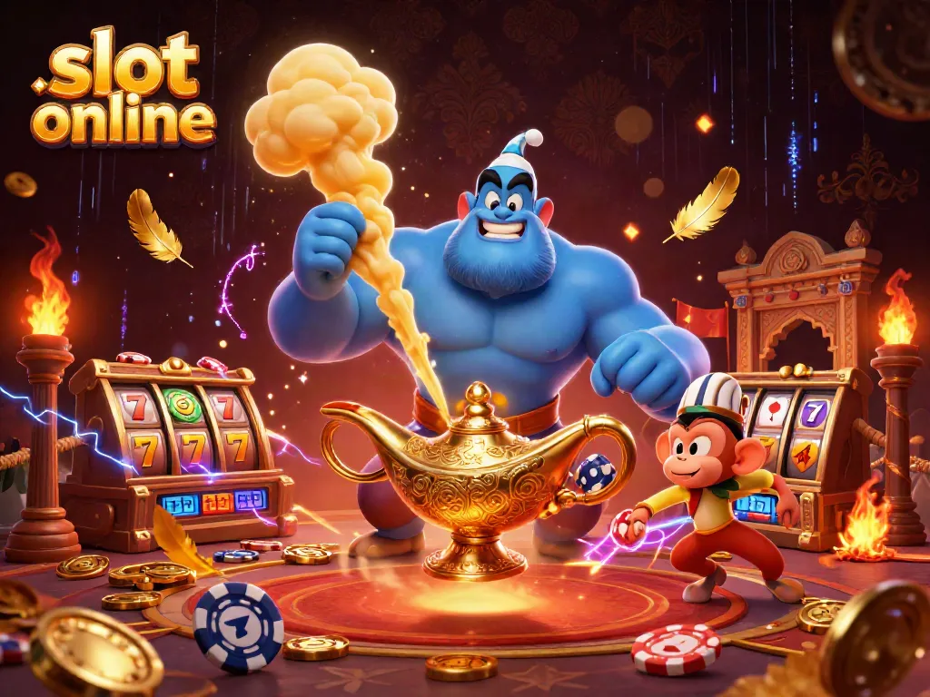 Slot online menampilkan lampu jin dan simbol permainan dalam ilustrasi 3D dinamis.