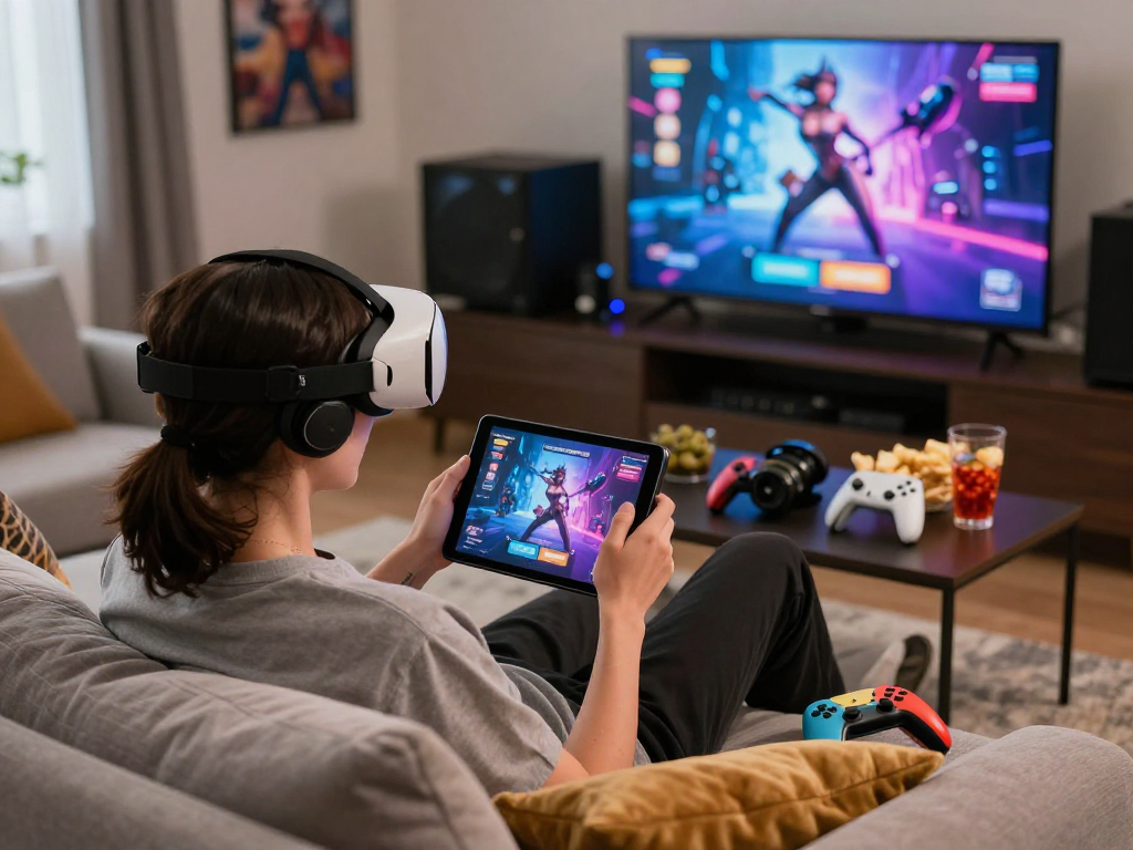 Person enjoying porngames on a tablet with vibrant graphics in a cozy living room.