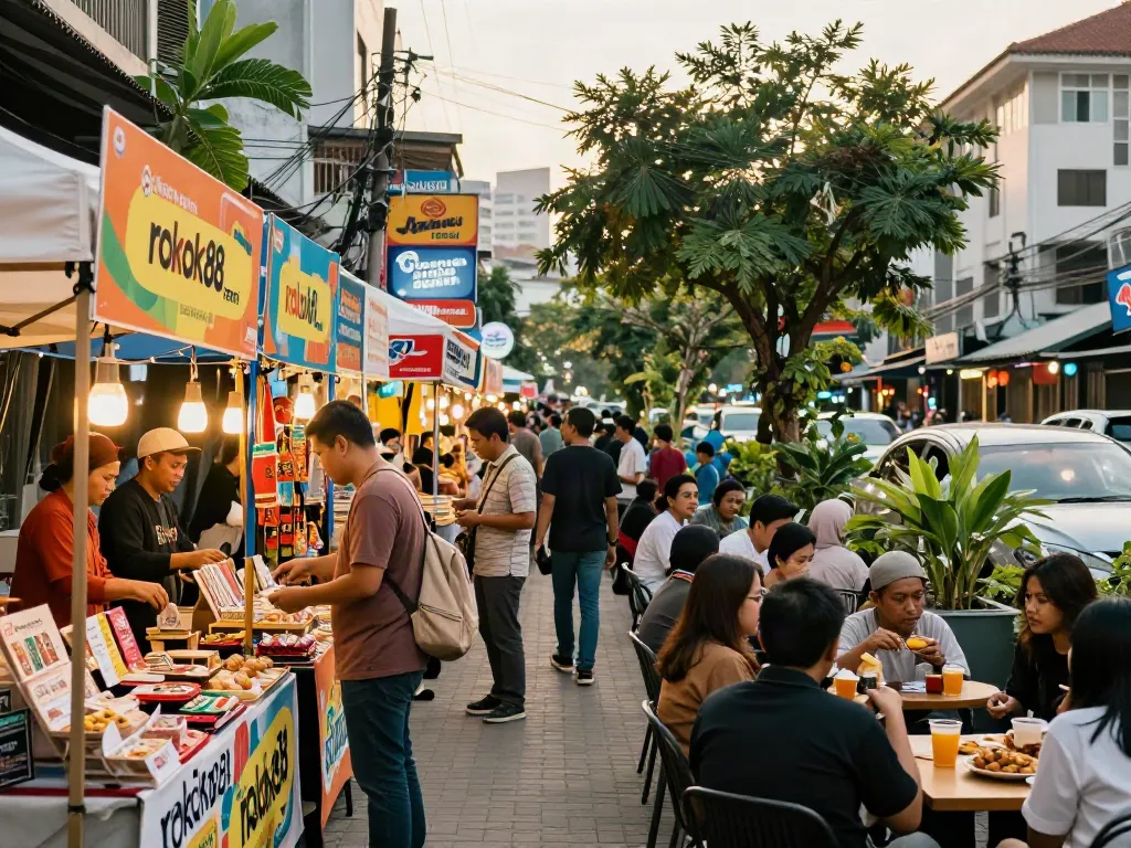 People engaging with vendors and products at a vibrant marketplace showcasing rokok88 resmi offerings.