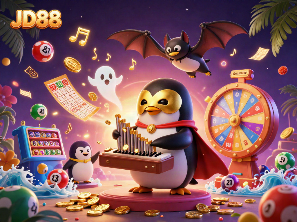 Experience the thrill of JD88 with a penguin organist at a vibrant casino scene.