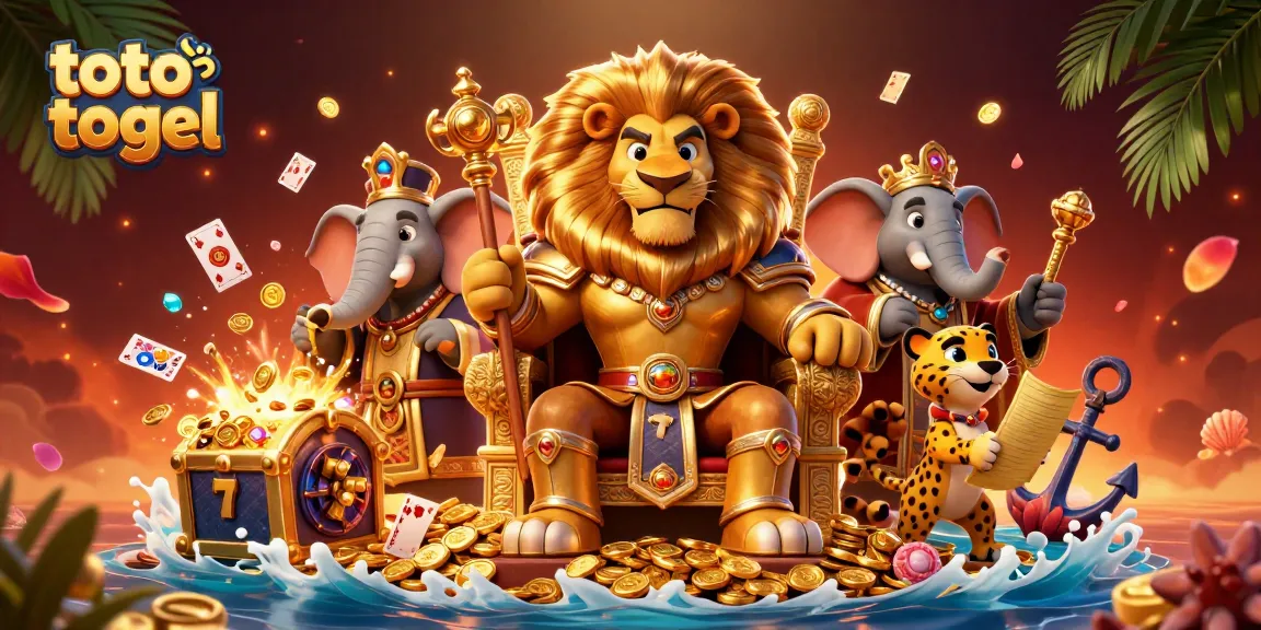 Experience the excitement of toto togel with a regal lion king, wise elephant, and swift cheetah in an immersive casino scene.