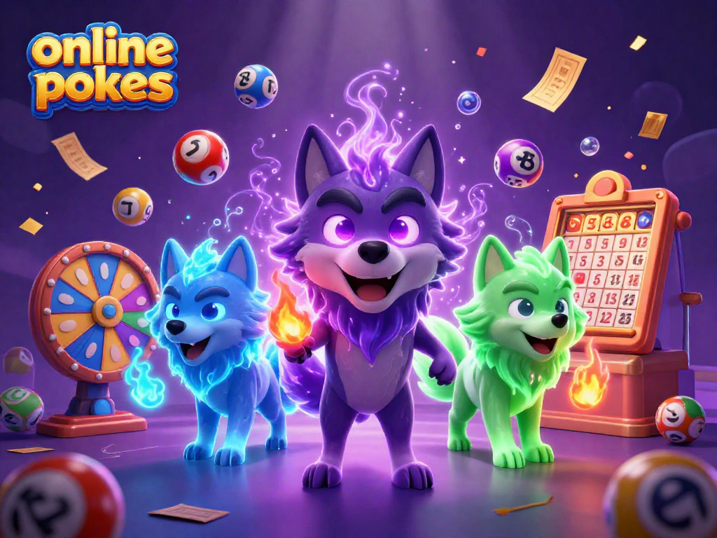 Engage with online pokies in this vibrant 3D scene featuring wolves and rich casino elements.