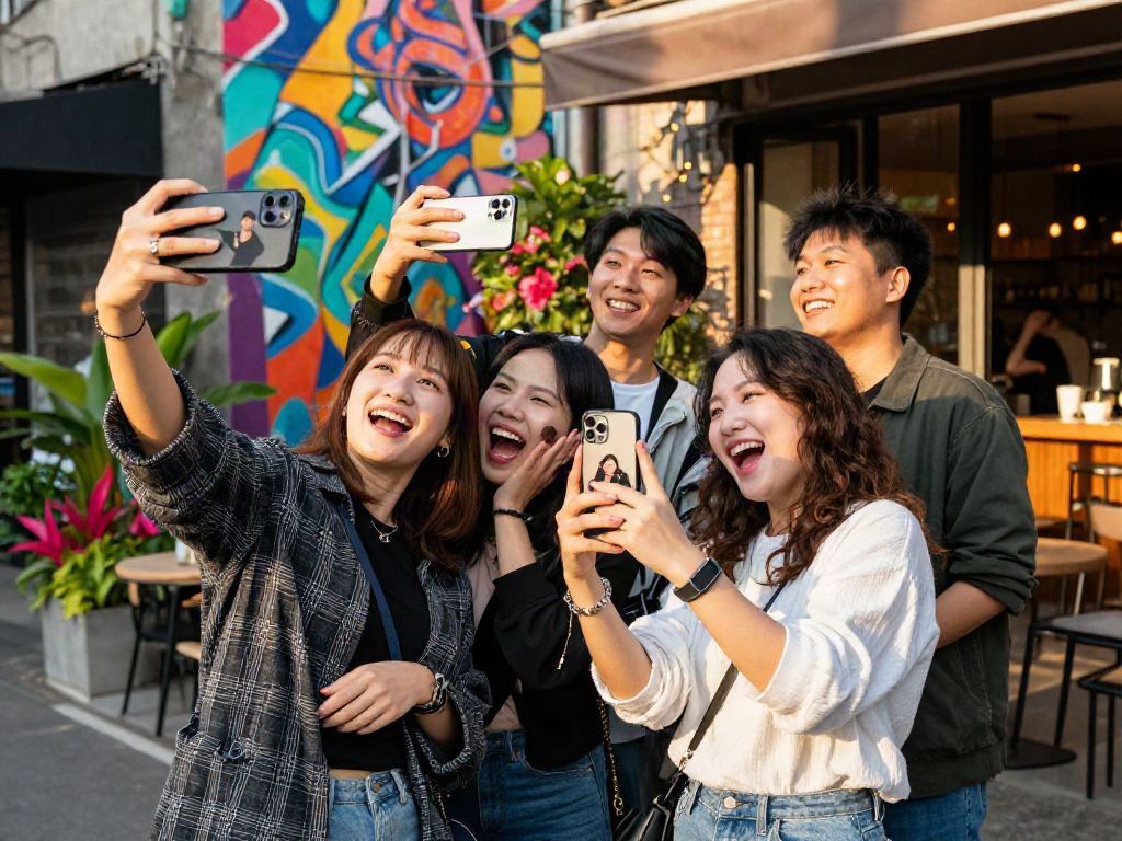 Friends using the celebs i look like app outdoors, laughing and comparing selfies.