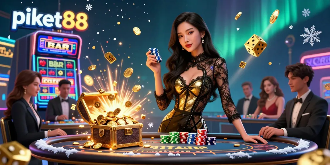Experience high-stakes excitement with piket88 in this vivid casino scene showcasing thrilling jackpots and glamorous players.