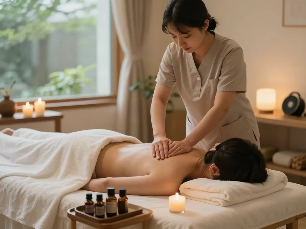 Professional therapist performing 의정부출장안마 in a calming home setting with soft lighting and essential oils.