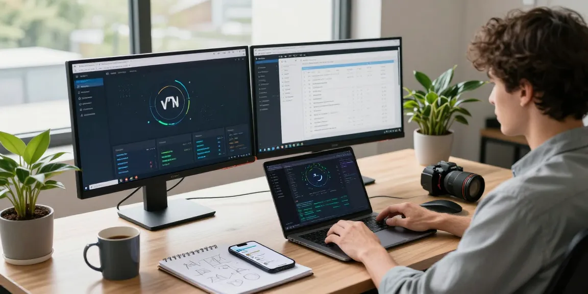 快连 user optimizing VPN connections in a modern workspace, showcasing productivity tools and a tech-savvy environment.