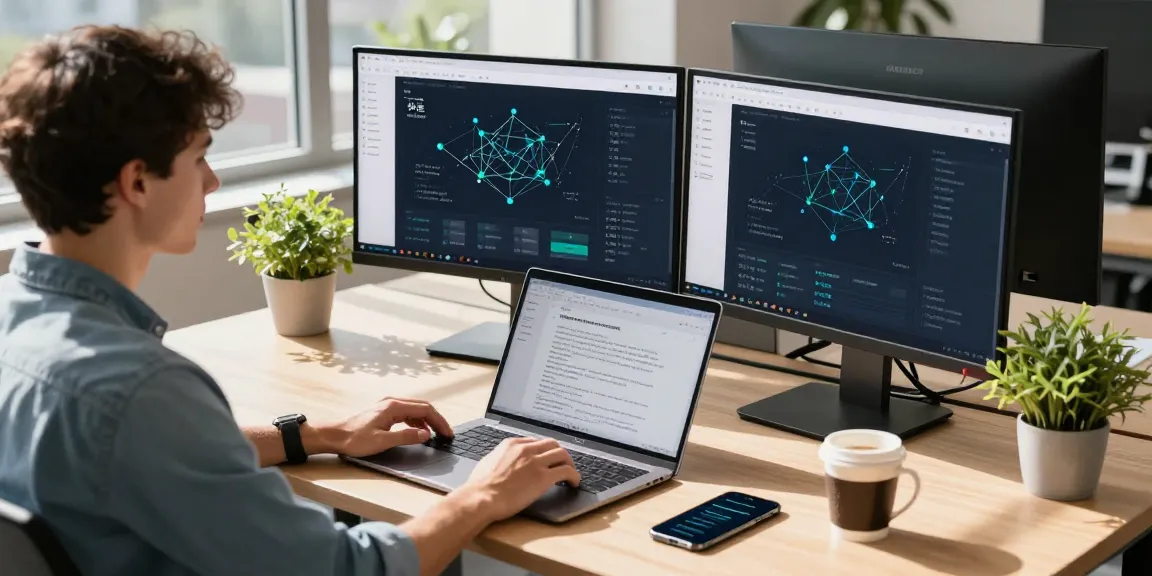 快连 software interface displayed on dual monitors in a modern office environment, capturing a developer's focus and productivity.