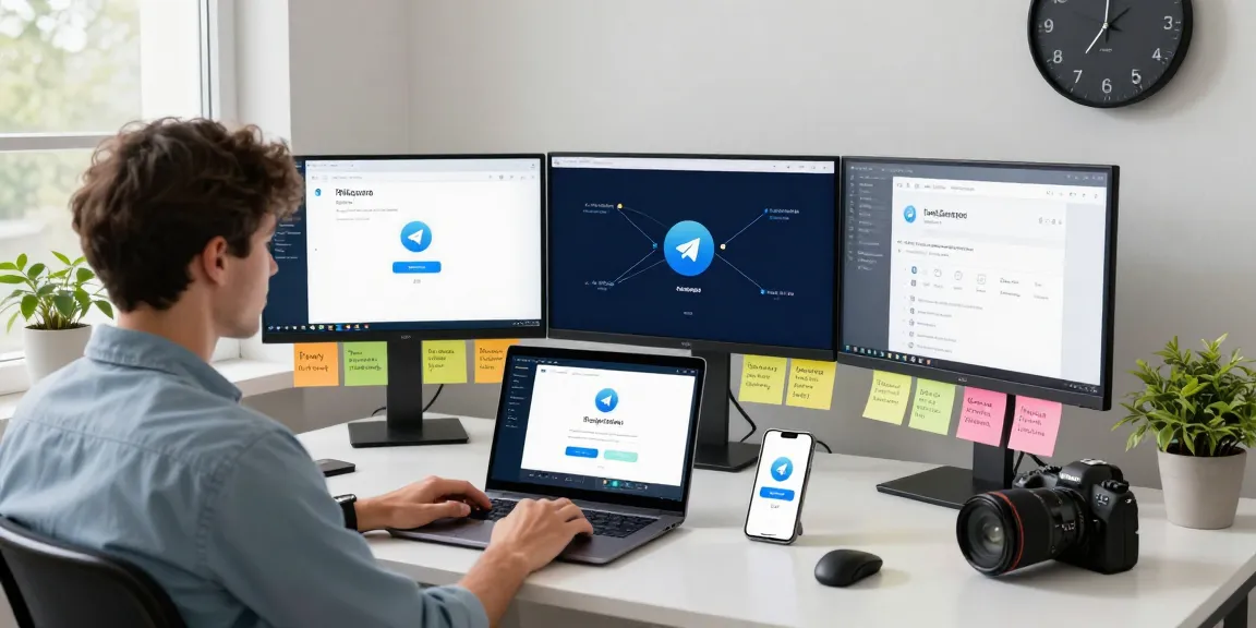 Setting up telegram china proxy with a modern workspace showing multiple screens and tech gadgets.