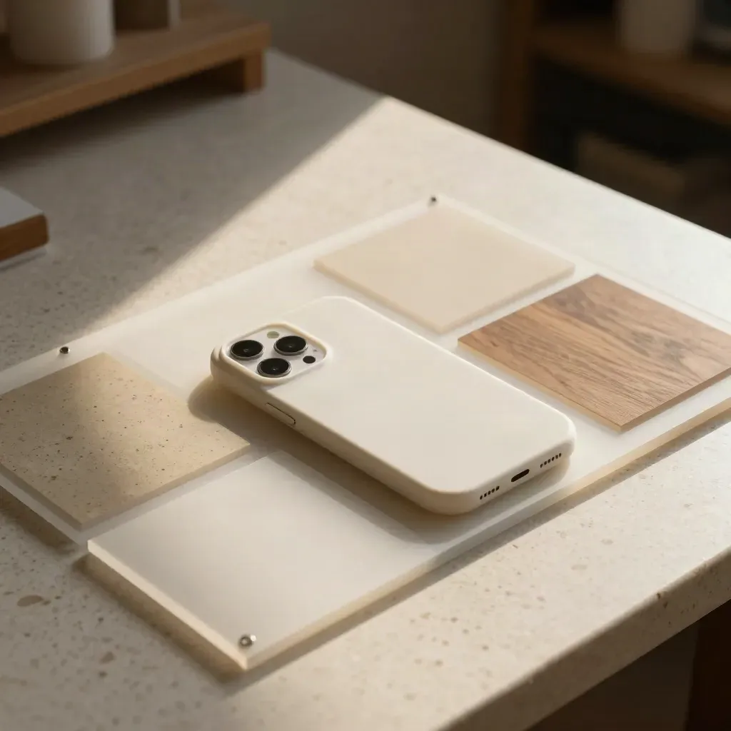 Acrylic website mockup panels and a blank phone shell on travertine in warm studio light.
