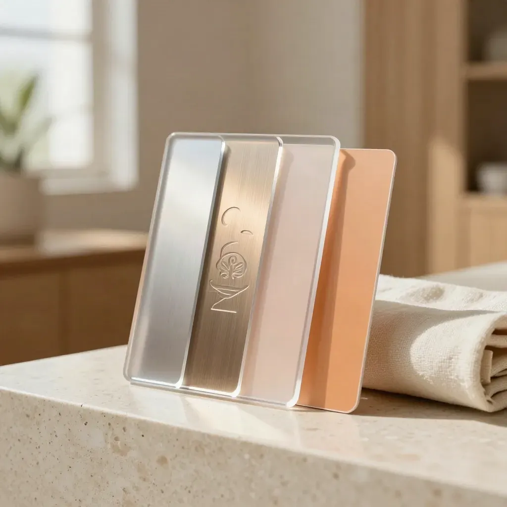 Acrylic logo plaque with foil swatches in warm studio light