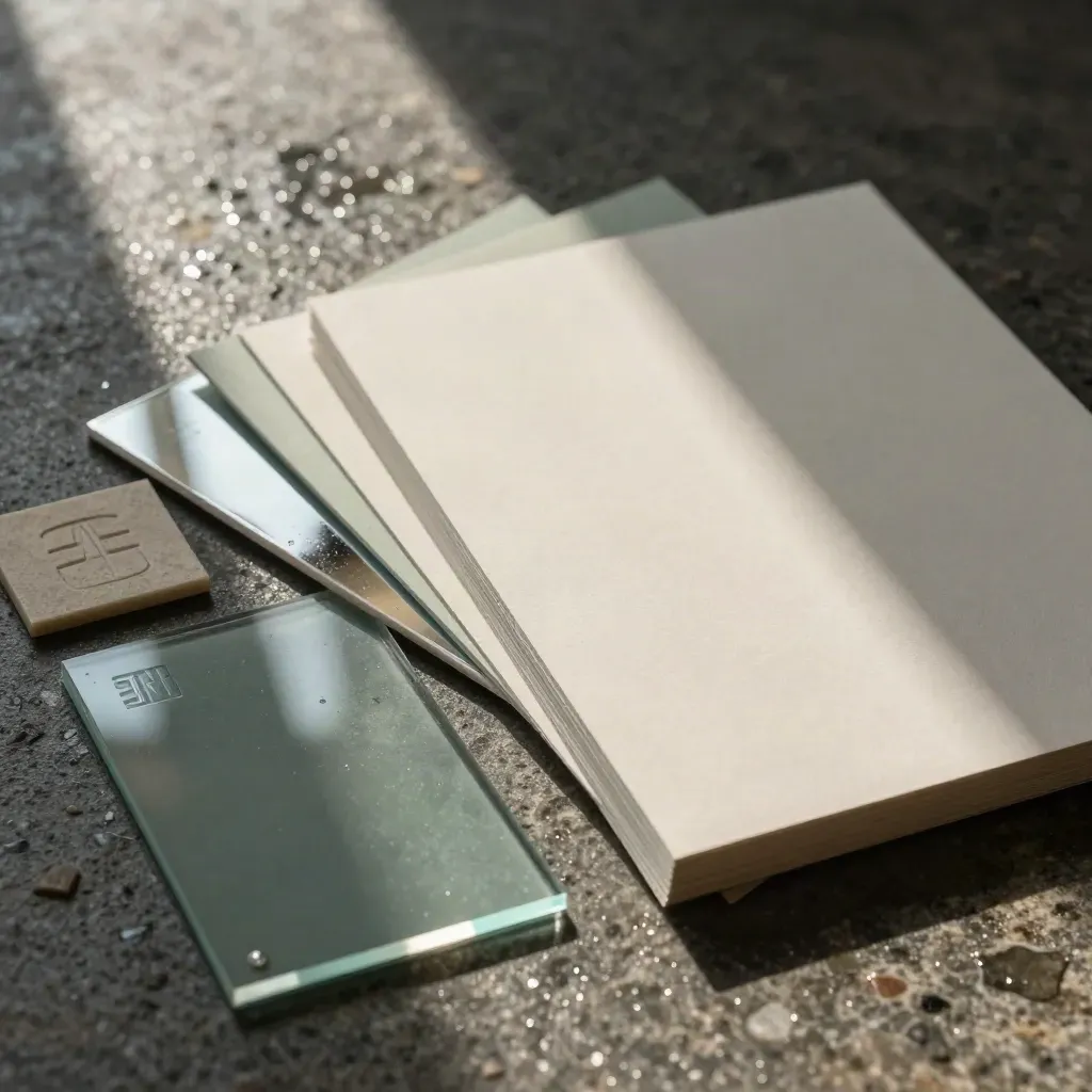 Macro branding materials on travertine under moody rain-lit haze, with copy space on the right.