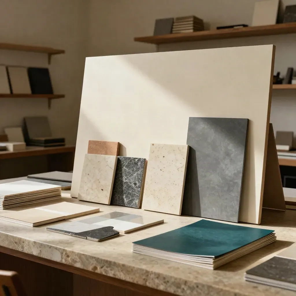 Brand boards, stone chips, and stationery prototypes arranged in a tropical modern studio.