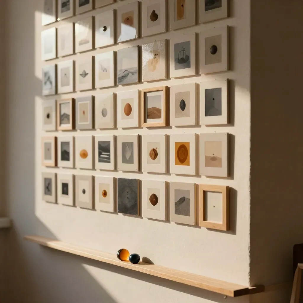Clipped social tiles in a grid with a playback puck on a warm studio wall in afternoon light