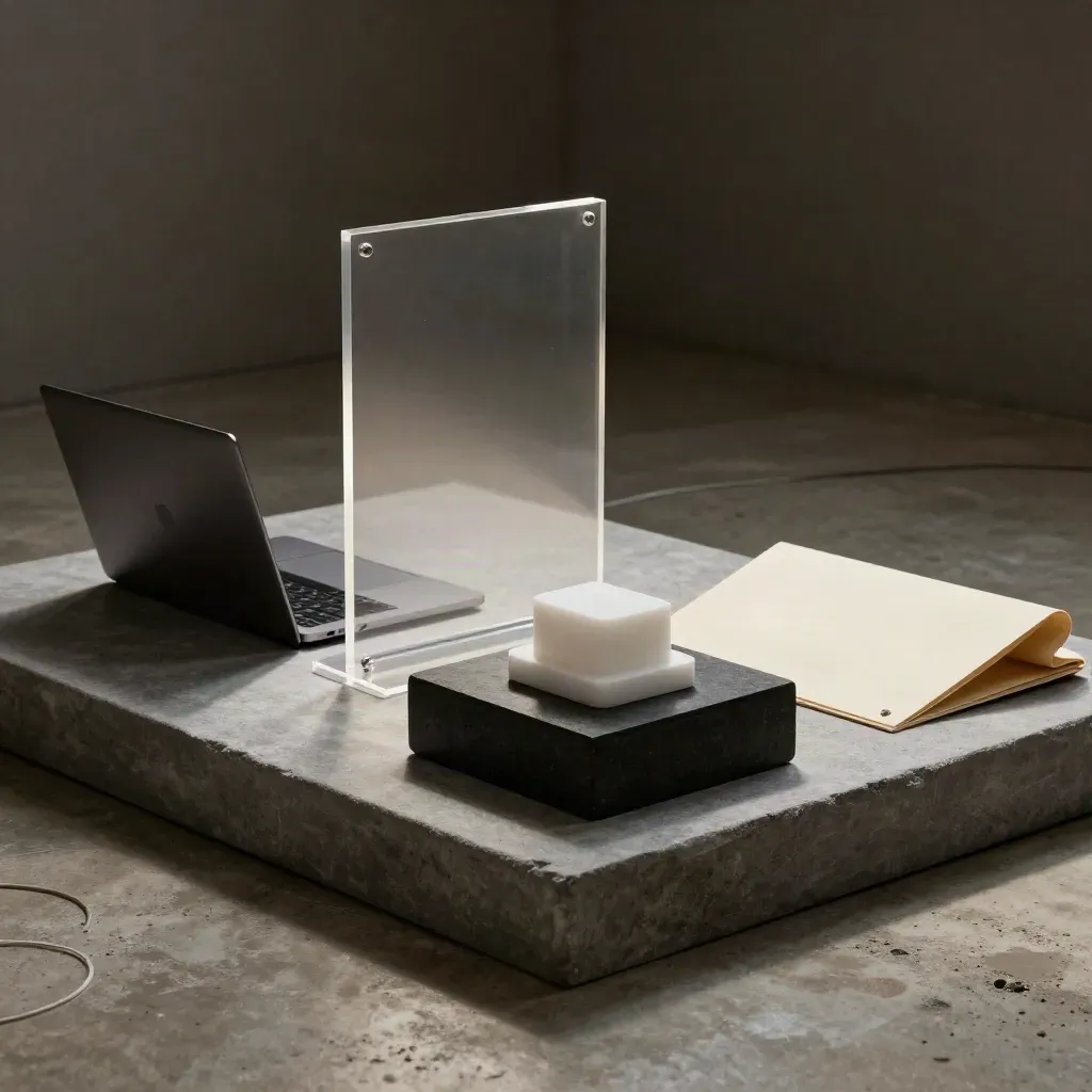 Closed laptop, clear acrylic pitch stand, and prototype model on a dark launch pedestal.