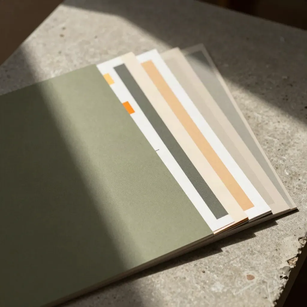 Overhead macro of launch campaign proofs, banner strips, and tiles fanned across concrete.