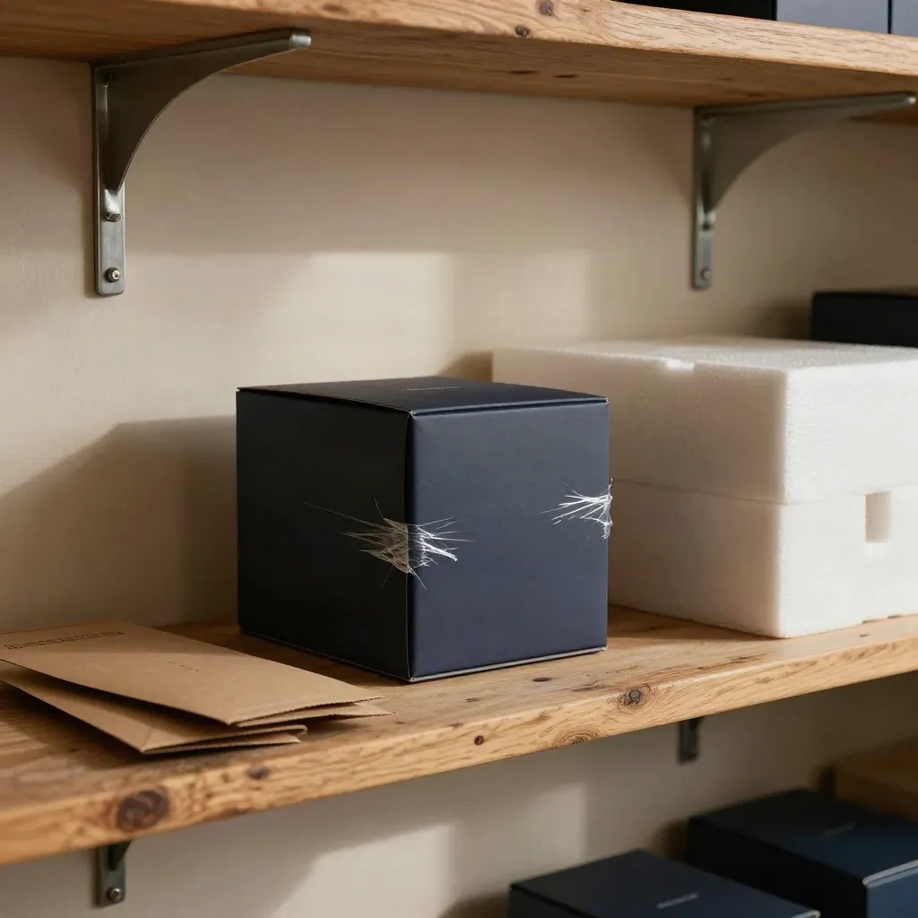 Sold-through shelf with the last navy box, foam, and torn wrap in salt-air mist.