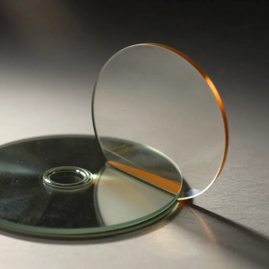 Macro of translucent animation cels, a glass prism, mirrored discs and a light bar with mango-orange reflections.