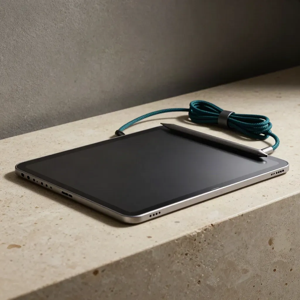 Tablet, trackpad, teal cable coil, and stylus on travertine under dramatic studio light.