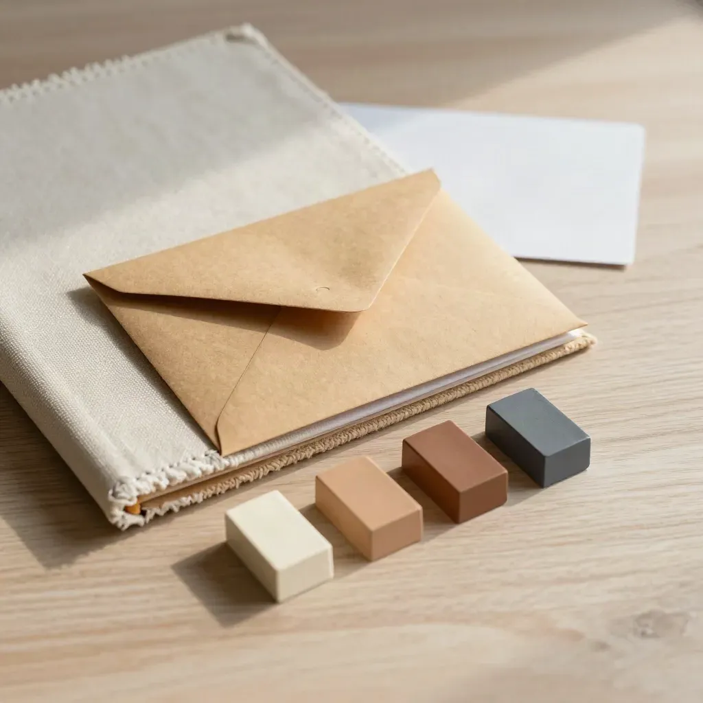 Closed brief folio, sealed sample envelope, and color chips on pale wood in soft side light.