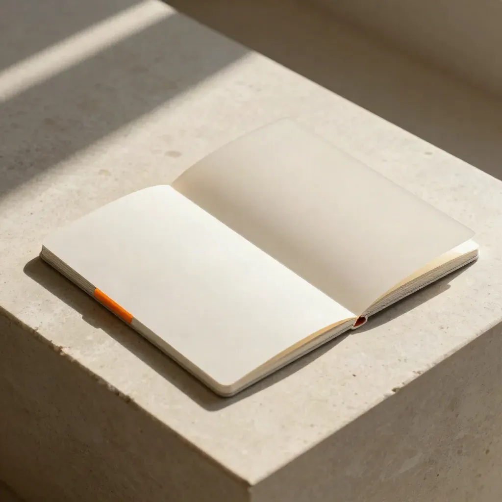 Translucent mobile mockups, device stand, and content cards on limestone, with one mango-orange accent.