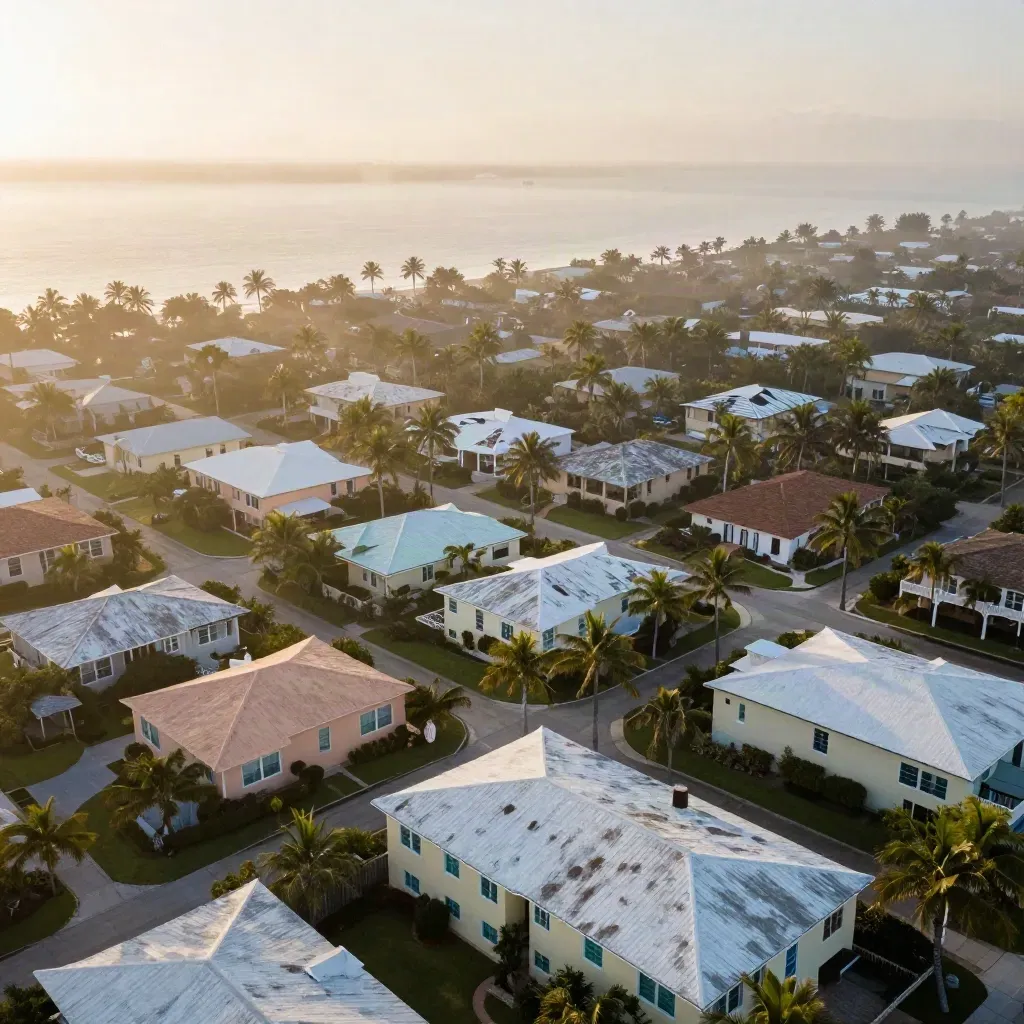 Hazy dawn aerial of South Florida rooftops, palms, and a pale bay with open copy space.
