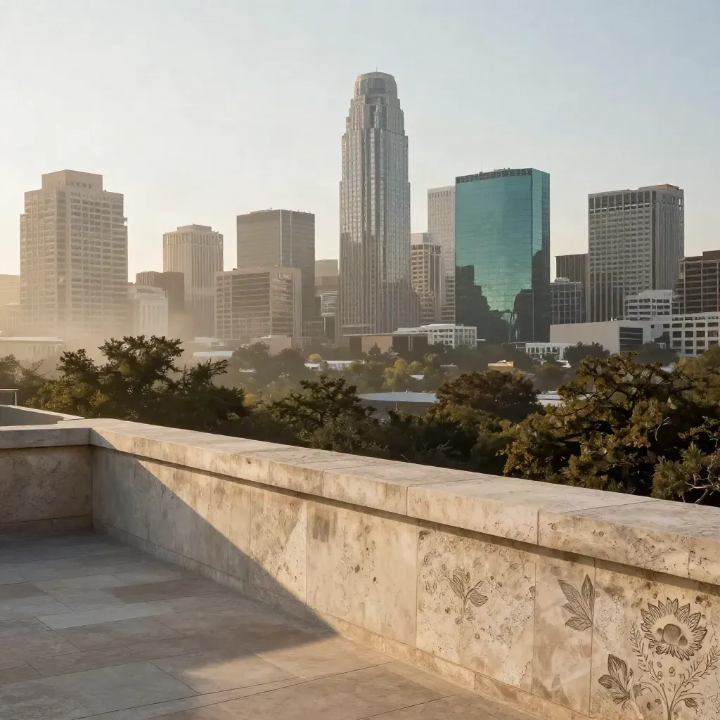 Austin skyline above a hazy stone terrace with live oaks in late sun